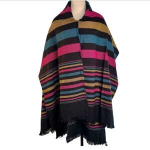 Womens Colorful Woven Striped Sweater Cape Cardigan Fringe Trim‎ Acrylic Boho